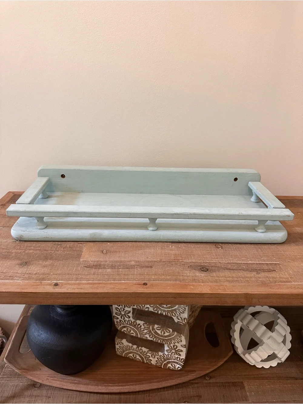 Vintage-Inspired Light Blue Painted Wood Wall Shelf Spindle Gallery Rail 20 x 8”